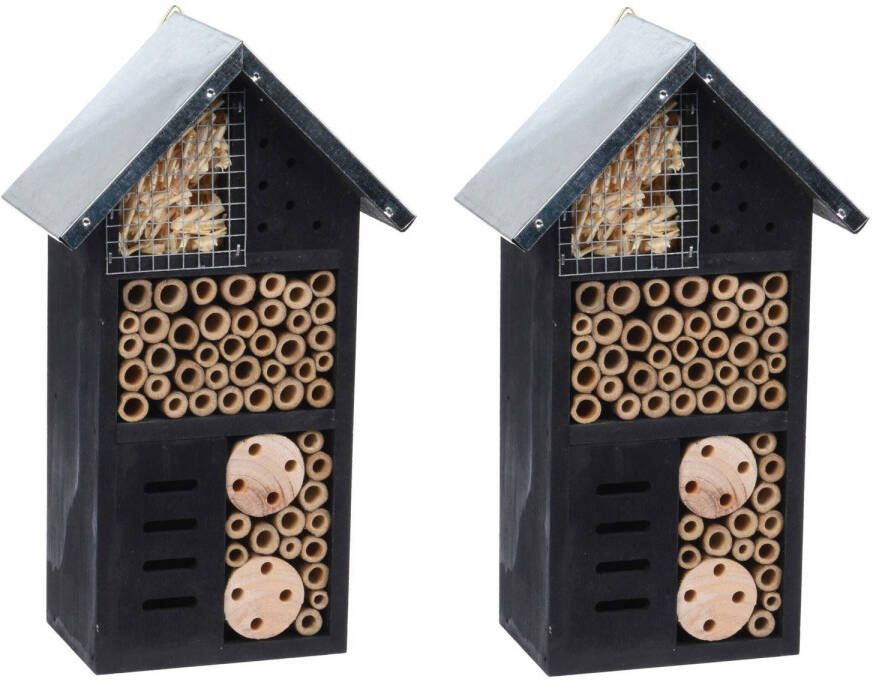 Merkloos 2x Stuks Insectenhotel Zwart Huisje Met Metalen Dak 26 Cm Insectenhotel online kopen