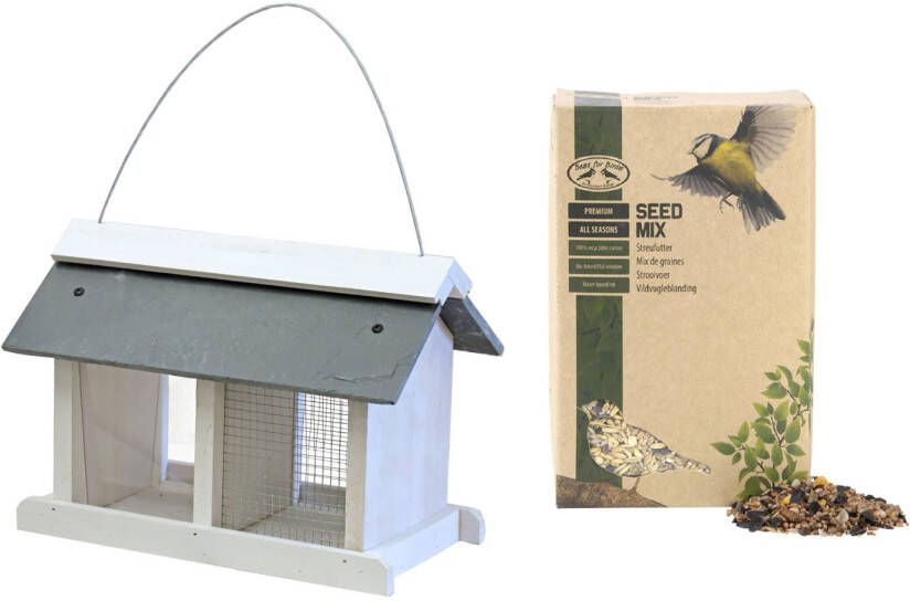 Moon Vogelhuisje/voedersilo Met Twee Vakken Wit Hout/leisteen 31 Cm Inclusief Vogelvoer Vogelhuisjes online kopen