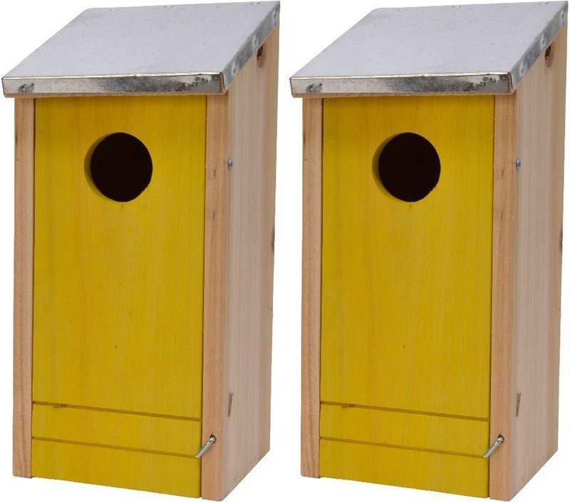 Decoris 2x Houten vogelhuisjes/nestkastjes gele voorzijde 26 cm online kopen